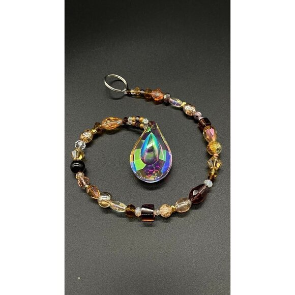 Beaded Suncatcher Champagne Gold Brown Clear Crystal Prism Hanging Patio Decor - Picture 8 of 10